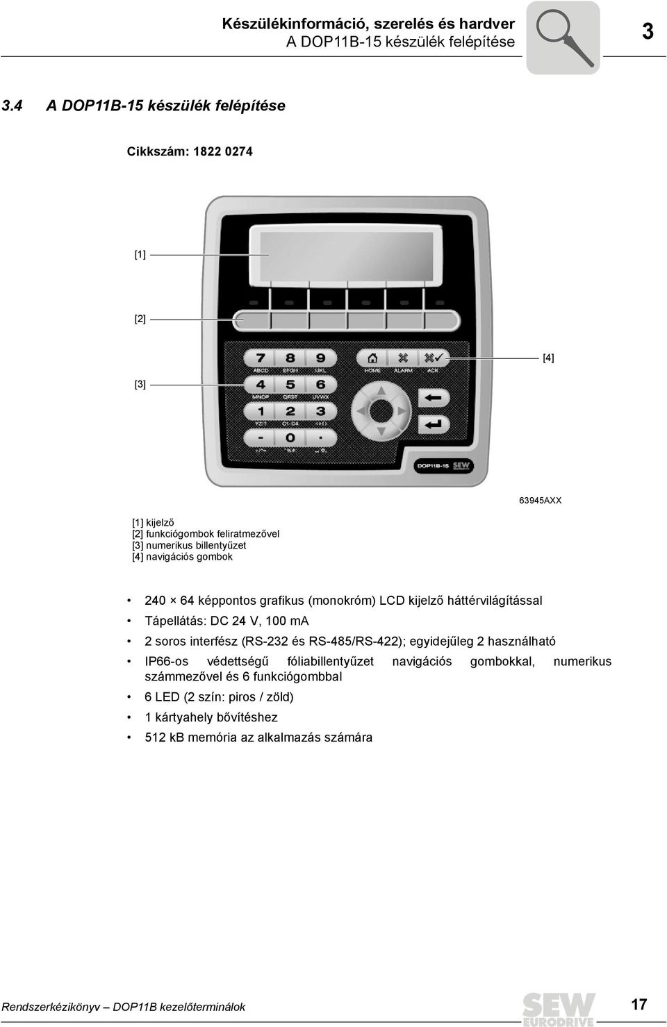 navigációs gombok 24 64 képpontos grafikus (monokróm) LCD kijelző háttérvilágítással Tápellátás: DC 24 V, 1 ma 2 soros interfész (RS-232 és RS-485/RS-422);