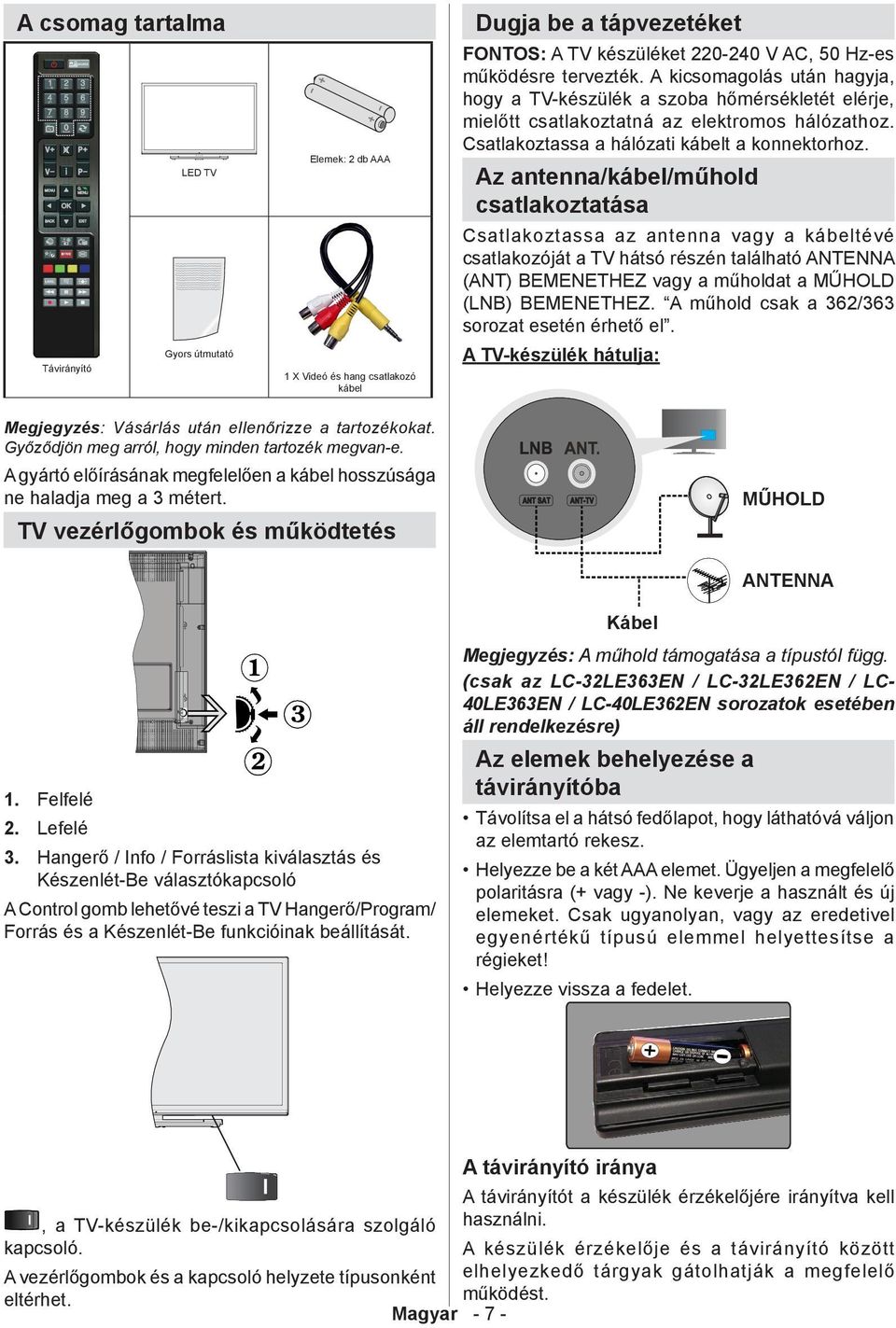 Az antenna/kábel/műhold csatlakoztatása Csatlakoztassa az antenna vagy a kábeltévé csatlakozóját a TV hátsó részén található ANTENNA (ANT) BEMENETHEZ vagy a műholdat a MŰHOLD (LNB) BEMENETHEZ.