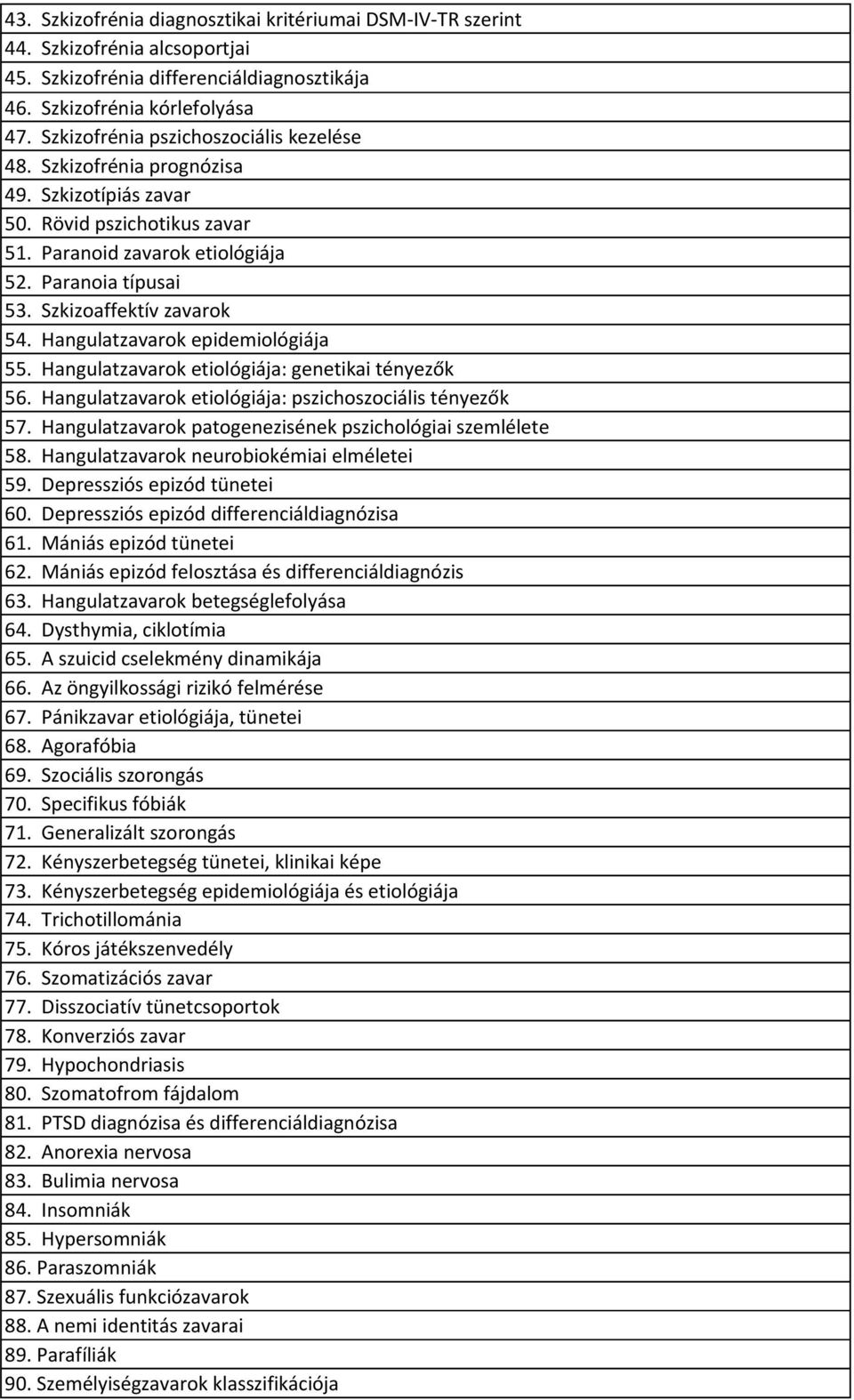 Szkizoaffektív zavarok 54. Hangulatzavarok epidemiológiája 55. Hangulatzavarok etiológiája: genetikai tényezők 56. Hangulatzavarok etiológiája: pszichoszociális tényezők 57.