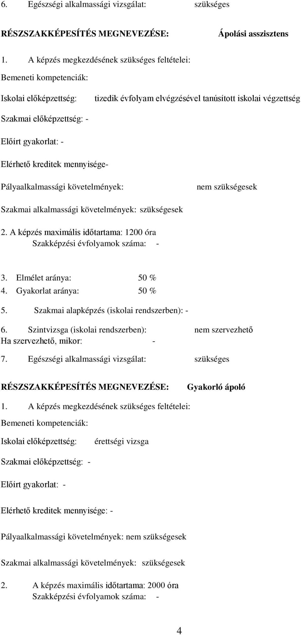 Elérhető kreditek mennyisége- Pályaalkalmassági követelmények: nem szükségesek Szakmai alkalmassági követelmények: szükségesek 2.