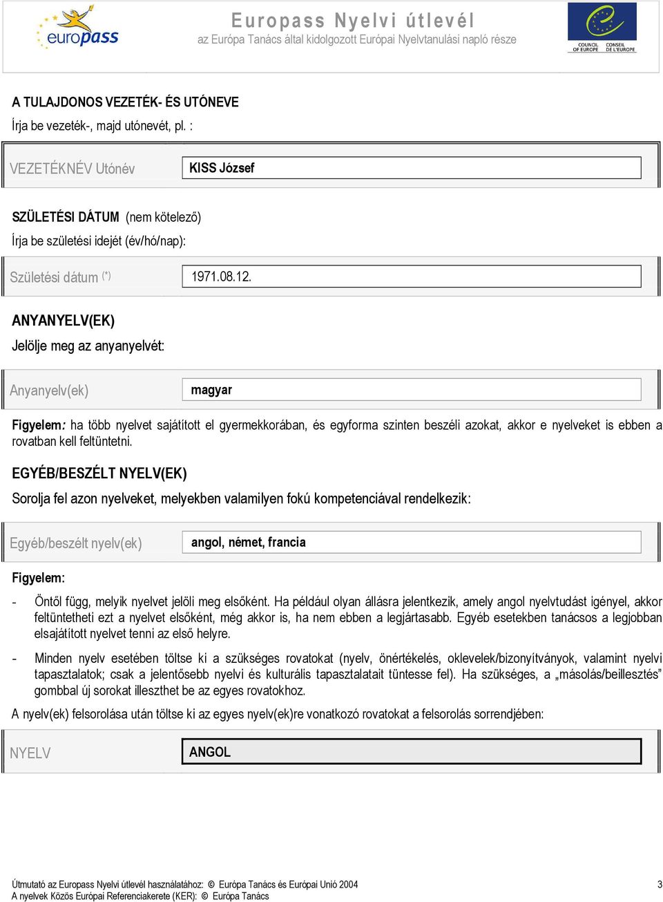 ANYANYELV(EK) Jelölje meg az anyanyelvét: Anyanyelv(ek) magyar Figyelem: ha több nyelvet sajátított el gyermekkorában, és egyforma szinten beszéli azokat, akkor e nyelveket is ebben a rovatban kell