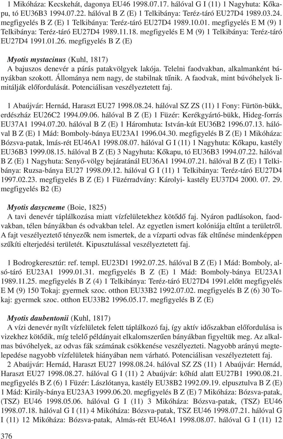 megfigyelés B Z (E) Myotis mystacinus (Kuhl, 1817) A bajuszos denevér a párás patakvölgyek lakója. Telelni faodvakban, alkalmanként bányákban szokott. Állománya nem nagy, de stabilnak tûnik.