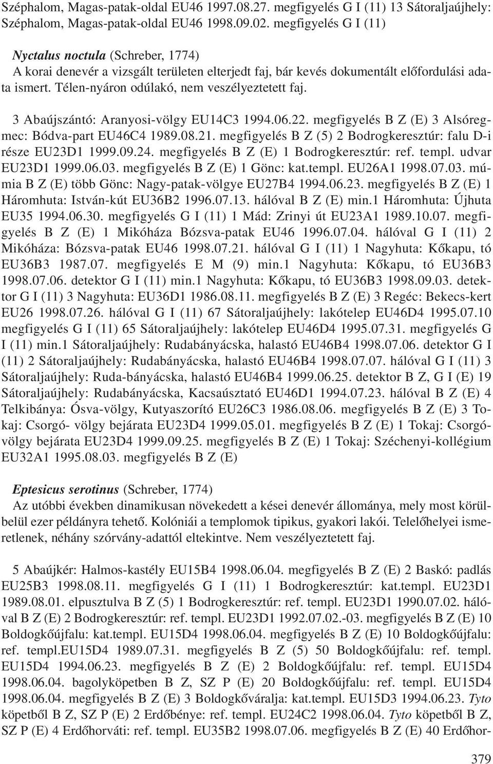 Télen-nyáron odúlakó, nem veszélyeztetett faj. 3 Abaújszántó: Aranyosi-völgy EU14C3 1994.06.22. megfigyelés B Z (E) 3 Alsóregmec: Bódva-part EU46C4 1989.08.21.