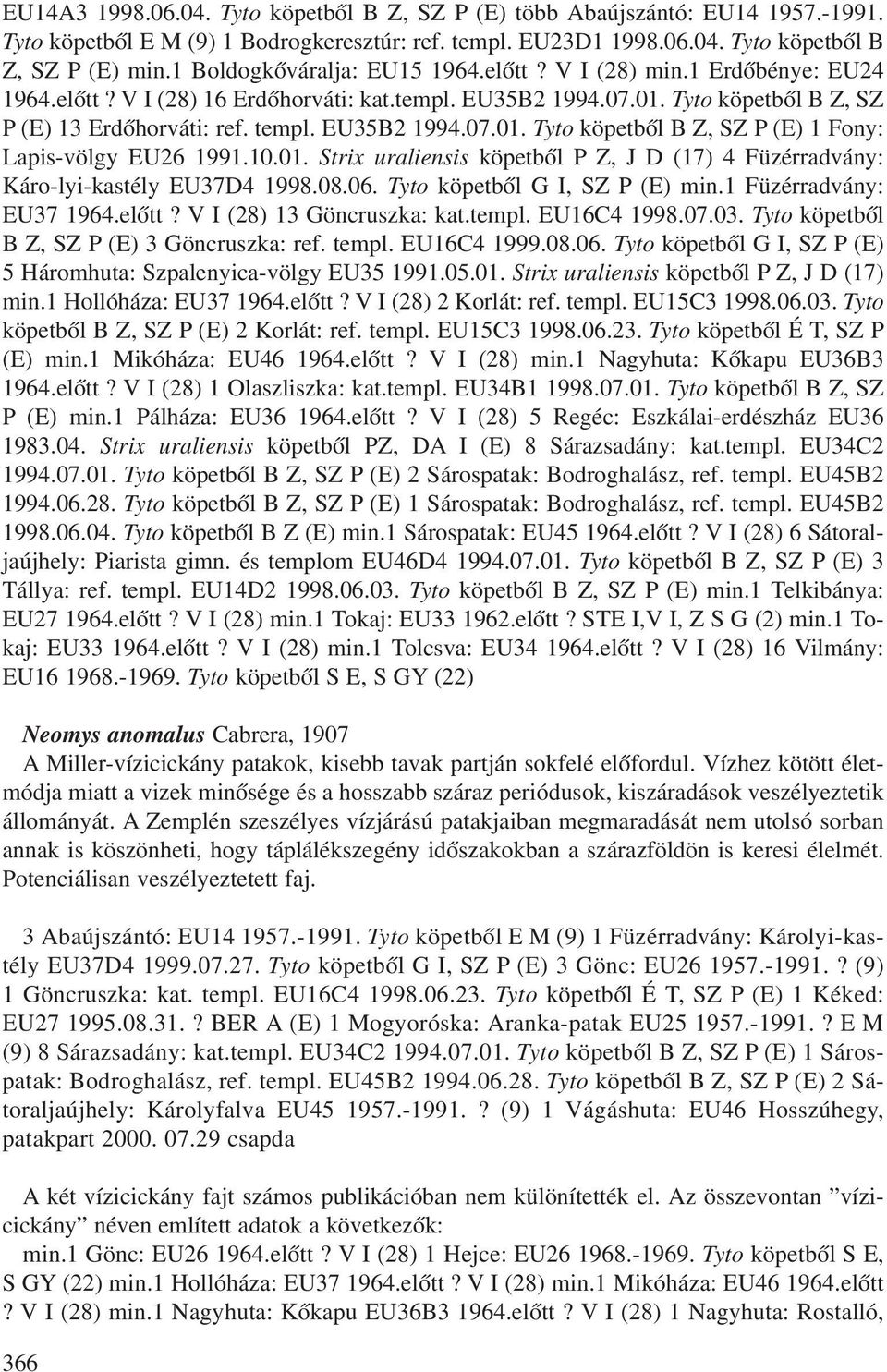 EU35B2 1994.07.01. Tyto köpetbõl B Z, SZ P (E) 1 Fony: Lapis-völgy EU26 1991.10.01. Strix uraliensis köpetbõl P Z, J D (17) 4 Füzérradvány: Káro-lyi-kastély EU37D4 1998.08.06.