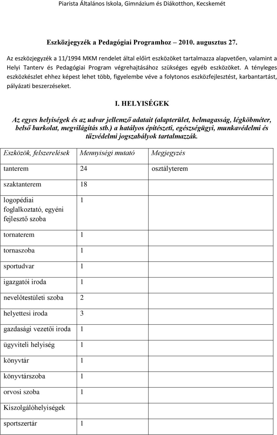 A tényleges eszközkészlet ehhez képest lehet több, figyelembe véve a folytonos eszközfejlesztést, karbantartást, pályázati beszerzéseket. I.