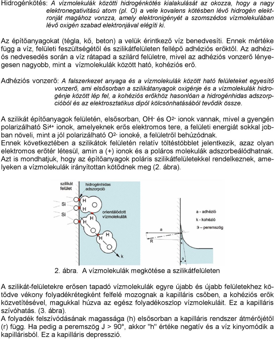 Az építőanyagokat (tégla, kő, beton) a velük érintkező víz benedvesíti. Ennek mértéke függ a víz, felületi feszültségétől és szilikátfelületen fellépő adhéziós erőktől.