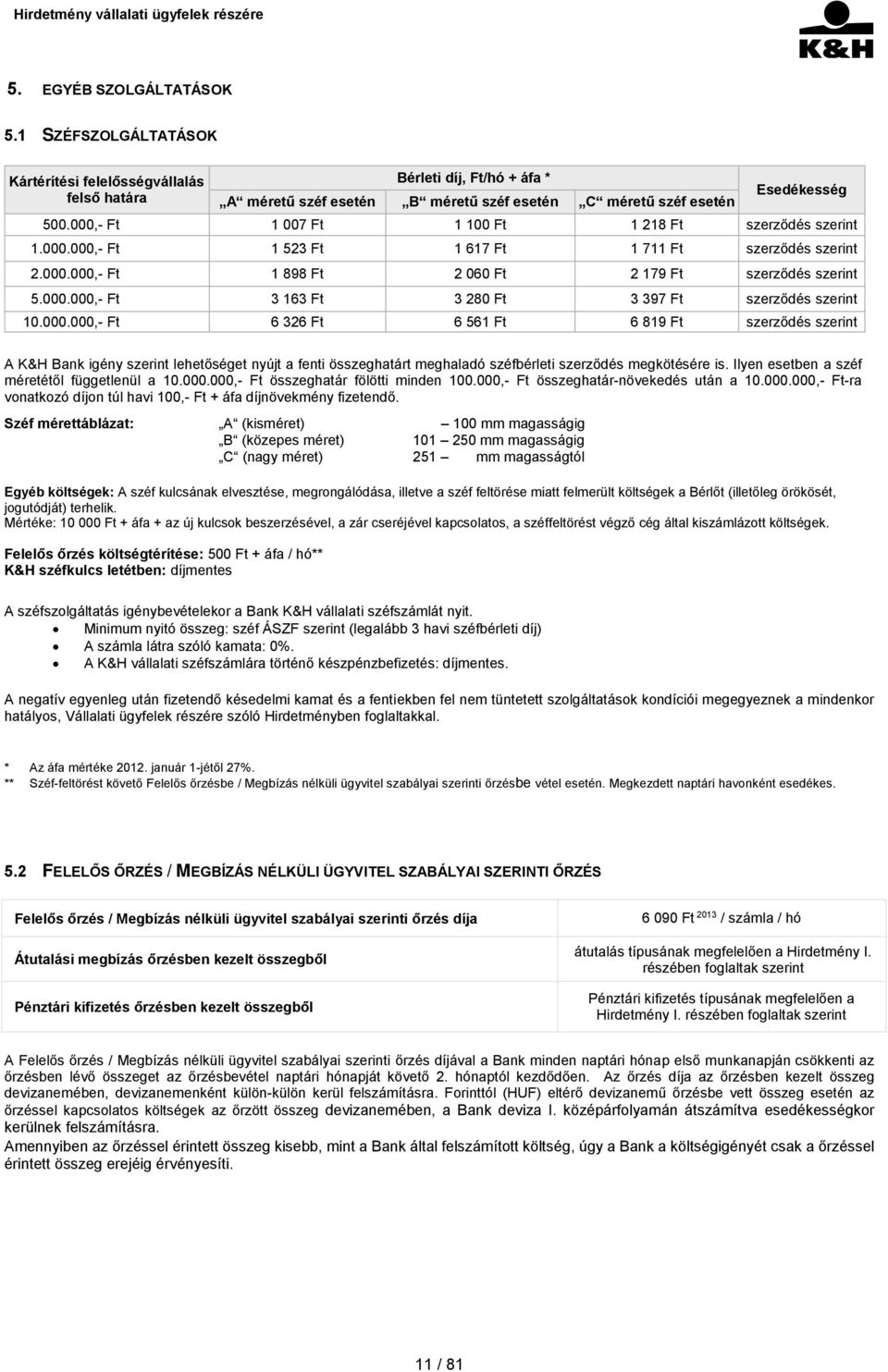 000.000,- Ft 6 326 Ft 6 561 Ft 6 819 Ft szerződés szerint A K&H Bank igény szerint lehetőséget nyújt a fenti összeghatárt meghaladó széfbérleti szerződés megkötésére is.