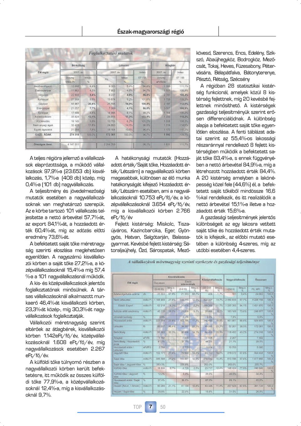 Az e körbe tartozó 101 vállalkozás teljesítette a nettó árbevétel 57,7%-át, az export 84,1%-át, a hozzáadott érték 60,4%-át, míg az adózás elõtti eredmény 73,6%-át.