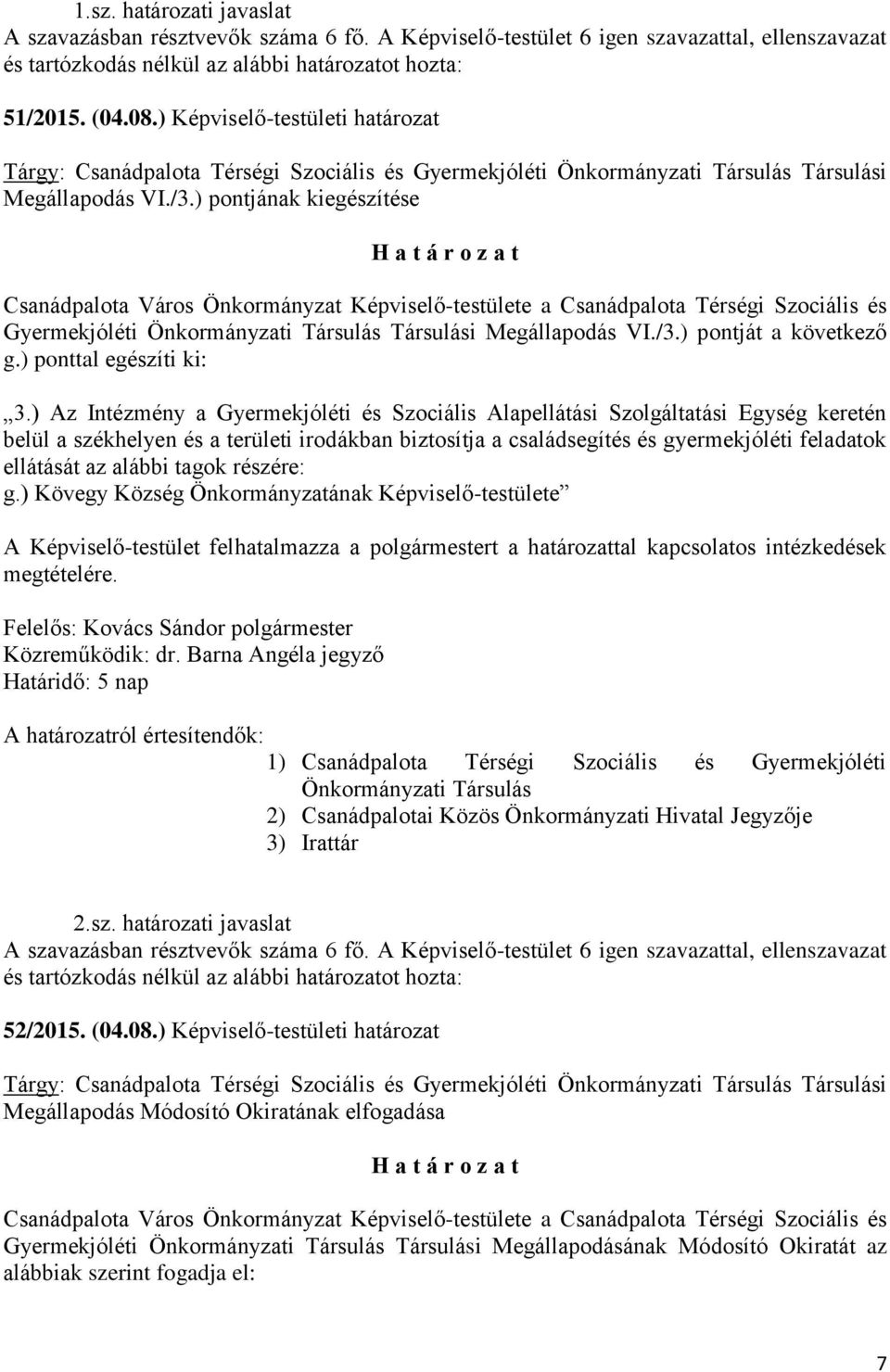 ) pontjának kiegészítése H a t á r o z a t Csanádpalota Város Önkormányzat Képviselő-testülete a Csanádpalota Térségi Szociális és Gyermekjóléti Önkormányzati Társulás Társulási Megállapodás VI./3.