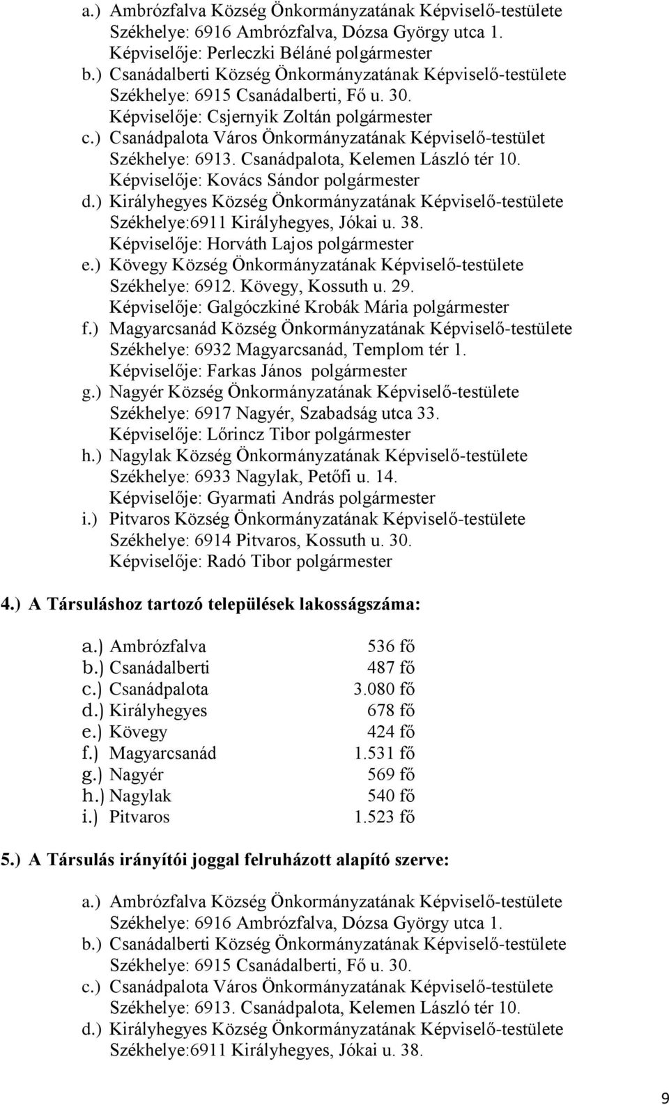 ) Csanádpalota Város Önkormányzatának Képviselő-testület Székhelye: 6913. Csanádpalota, Kelemen László tér 10. Képviselője: Kovács Sándor polgármester d.