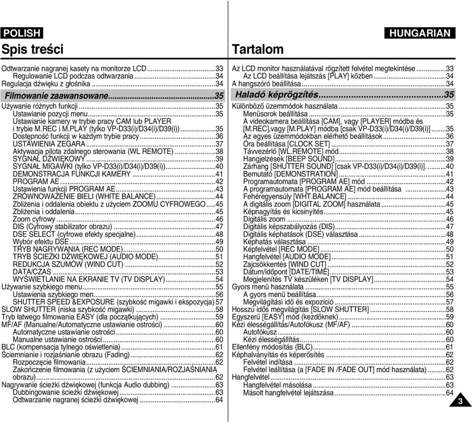 ..36 USTAWIENIA ZEGARA...37 Aktywacja pilota zdalnego sterowania (WL REMOTE)...38 SYGNA DèWI KOWY...39 SYGNA MIGAWKI (tylko VP-D33(i)/D34(i)/D39(i))...40 DEMONSTRACJA FUNKCJI KAMERY...41 PROGRAM AE.