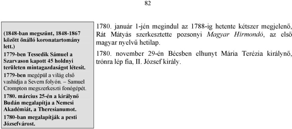 Samuel Crompton megszerkeszti fonógépét. 1780. március 25-én a királynő Budán megalapítja a Nemesi Akadémiát, a Theresianumot.