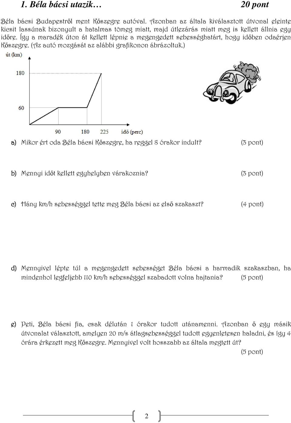 Így a maradék úton át kellett lépnie a megengedett sebességhatárt, hogy időben odaérjen Kőszegre. (Az autó mozgását az alábbi grafikonon ábrázoltuk.