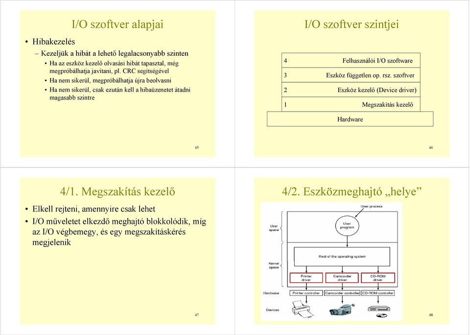 Felhasználói I/O szoftware 3 Eszköz független op. rsz. szoftver 2 Eszköz kezelő (Device driver) 1 Megszakítás kezelő Hardware 45 46 4/1. Megszakítás kezelő 4/2.