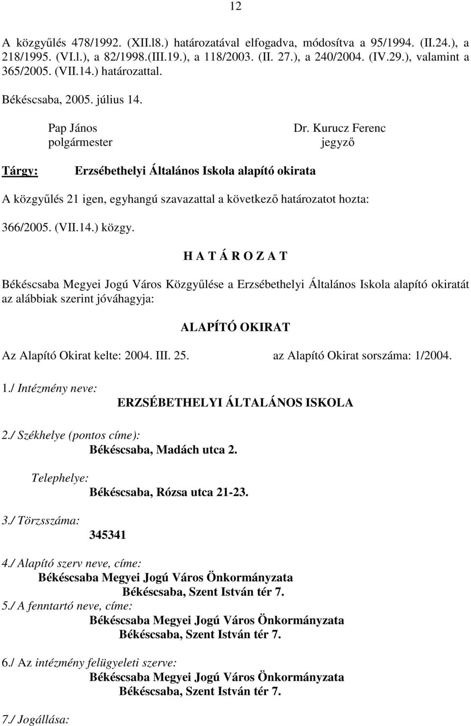 Kurucz Ferenc jegyzı Tárgy: Erzsébethelyi Általános Iskola alapító okirata A közgyőlés 21 igen, egyhangú szavazattal a következı határozatot hozta: 366/2005. (VII.14.) közgy.