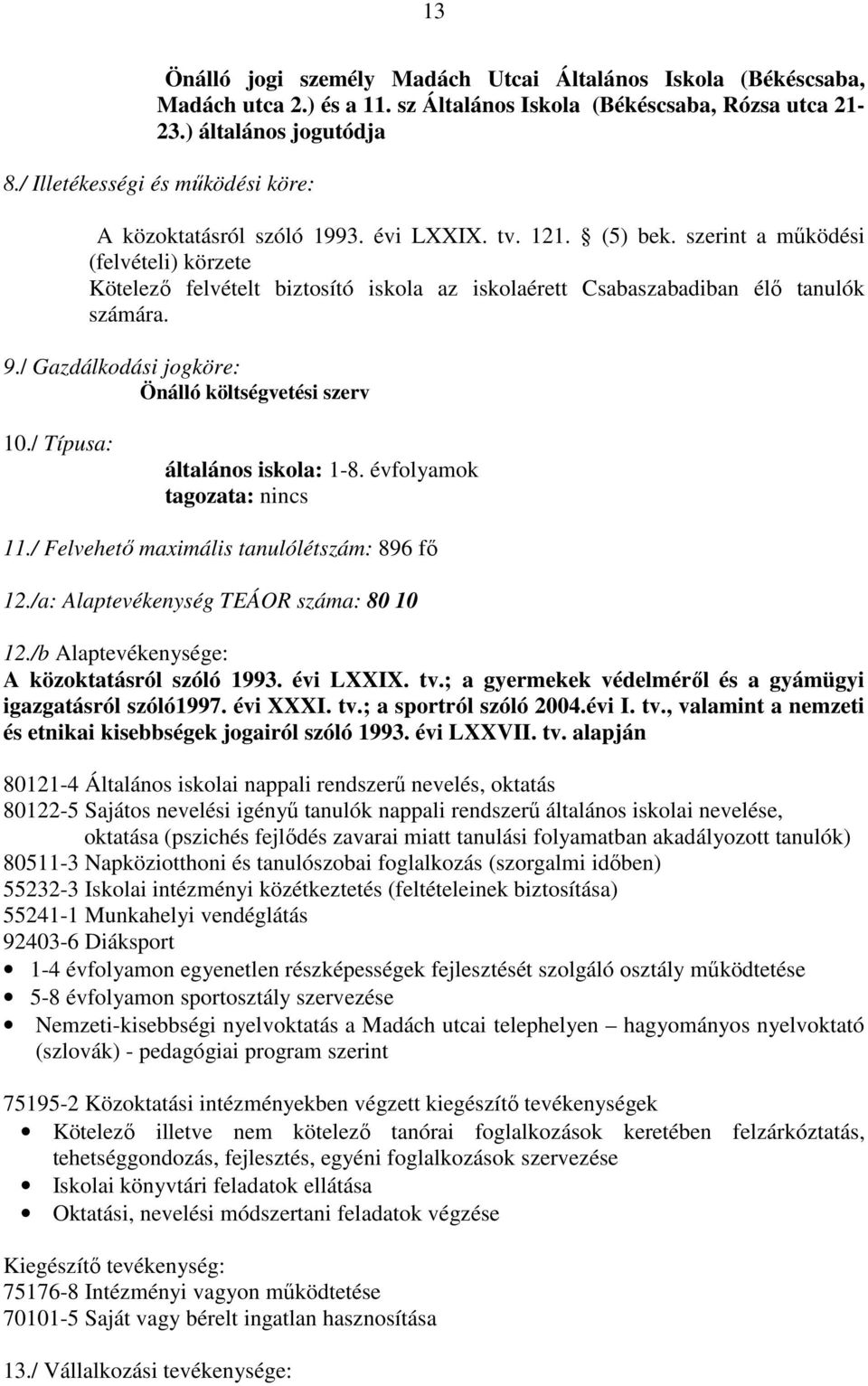 szerint a mőködési (felvételi) körzete Kötelezı felvételt biztosító iskola az iskolaérett Csabaszabadiban élı tanulók számára. 9./ Gazdálkodási jogköre: Önálló költségvetési szerv 10.