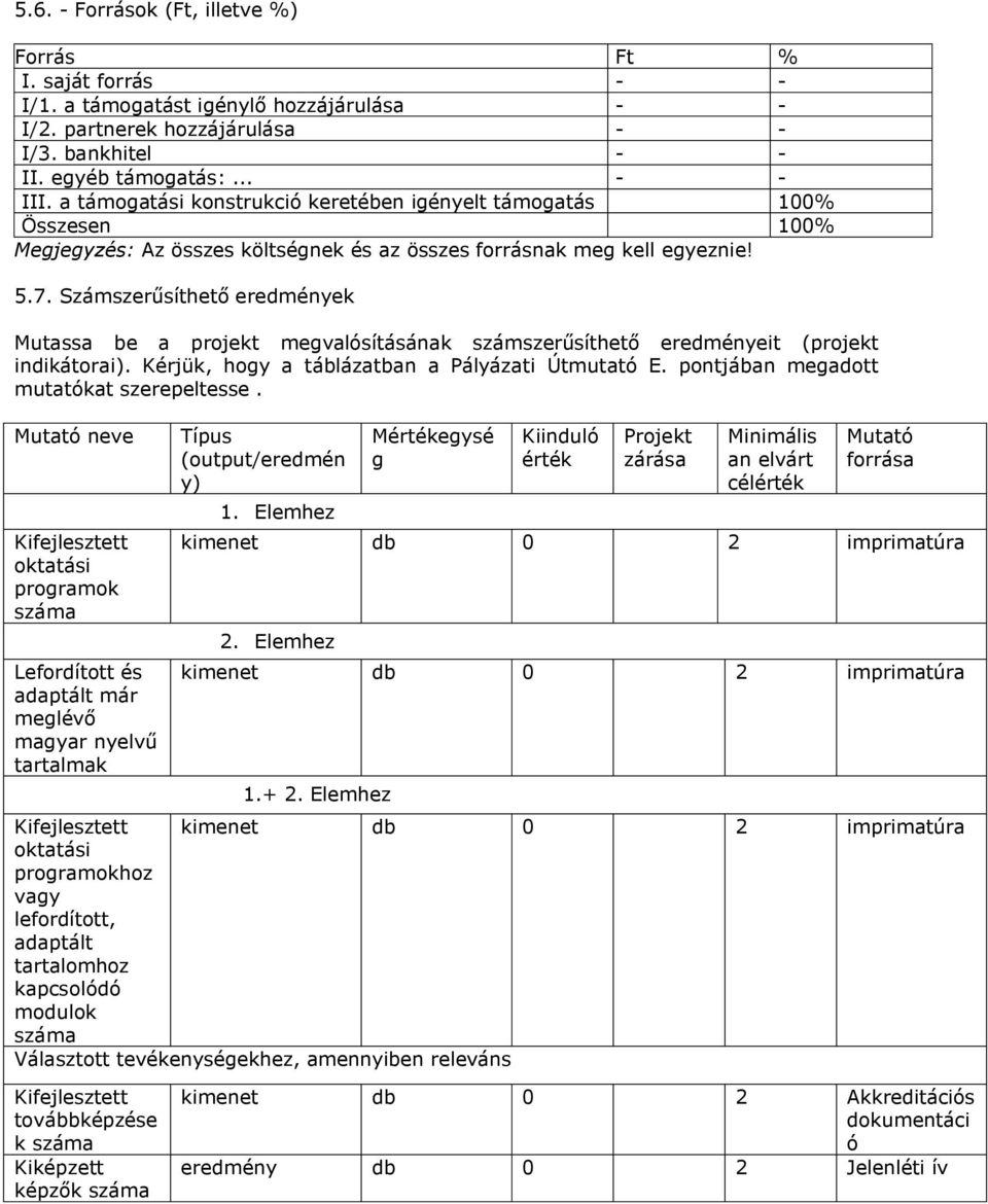 Számszerűsíheő eredmények Muassa be a projek megvalósíásának számszerűsíheő eredményei (projek indikáorai). Kérjük, hogy a áblázaban a Pályázai Úmuaó E. ponjában megado muaóka szerepelesse.