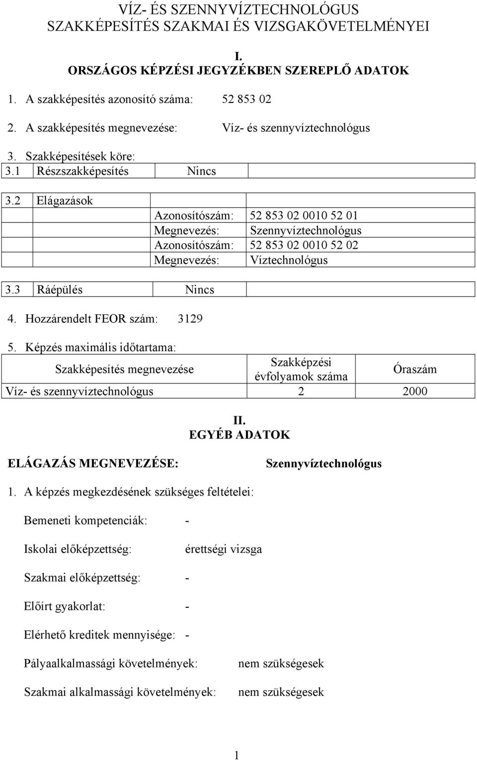 2 Elágazások Azonosítószám: 52 853 02 0010 52 01 Megnevezés: Szennyvíztechnológus Azonosítószám: 52 853 02 0010 52 02 Megnevezés: Víztechnológus 3.3 Ráépülés Nincs 4. Hozzárendelt FEOR szám: 3129 5.