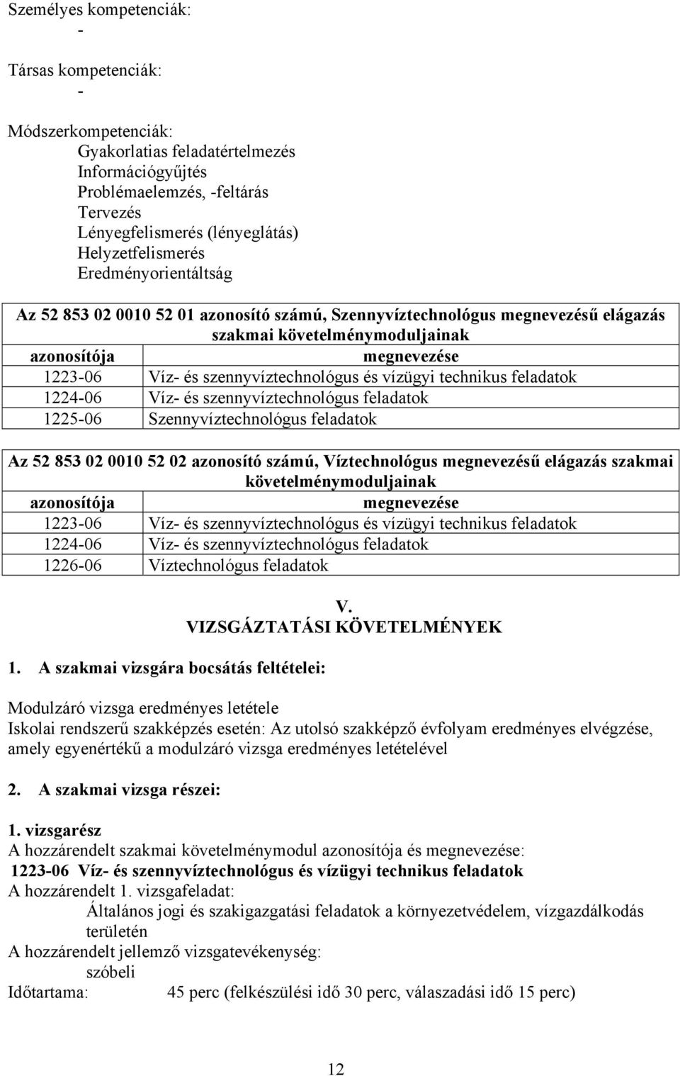 szennyvíztechnológus és vízügyi technikus feladatok 1224-06 Víz- és szennyvíztechnológus feladatok 1225-06 Szennyvíztechnológus feladatok Az 52 853 02 0010 52 02 azonosító számú, Víztechnológus