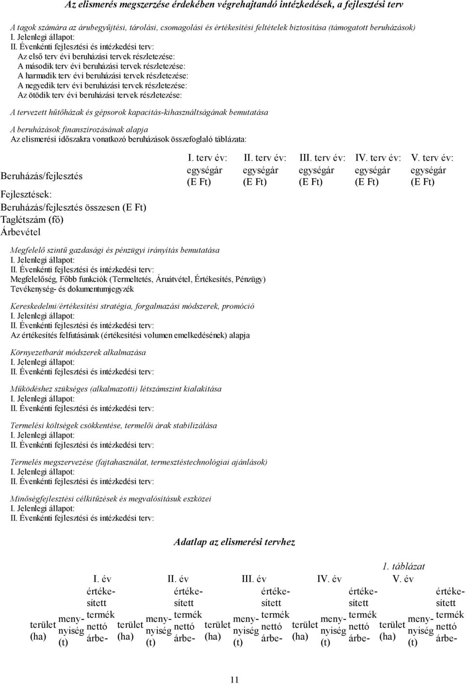 Évenkénti fejlesztési és intézkedési terv: Az első terv évi beruházási tervek részletezése: A második terv évi beruházási tervek részletezése: A harmadik terv évi beruházási tervek részletezése: A