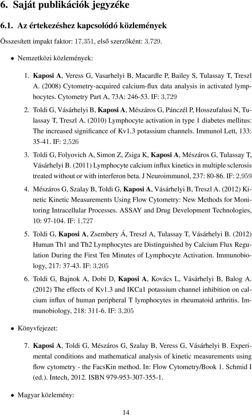 Toldi G, Vásárhelyi B, Kaposi A, Mészáros G, Pánczél P, Hosszufalusi N, Tulassay T, Treszl A. (2010) Lymphocyte activation in type 1 diabetes mellitus: The increased significance of Kv1.