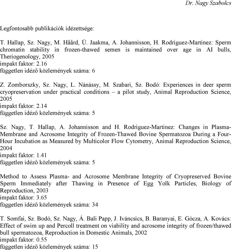 Zomborszky, Sz. Nagy, L. Nánássy, M. Szabari, Sz. Bodó: Experiences in deer sperm cryopreservation under practical conditions a pilot study, Animal Reproduction Science, 2005 impakt faktor: 2.