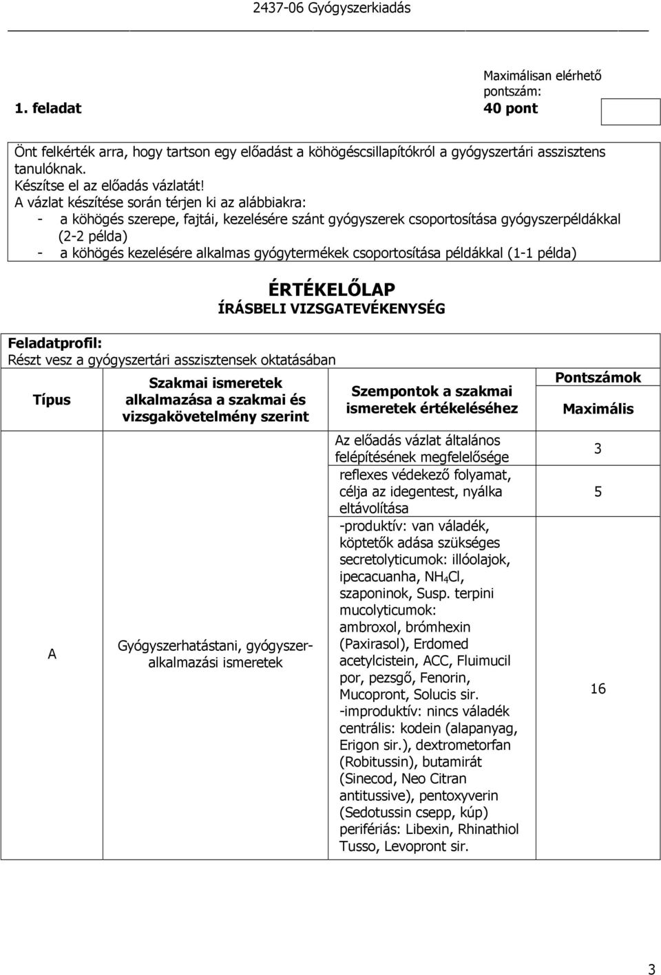 csoportosítása példákkal (- példa) ÉRTÉKELİLAP ÍRÁSBELI VIZSGATEVÉKENYSÉG Feladatprofil: Részt vesz a gyógyszertári asszisztensek oktatásában Típus A Szakmai ismeretek alkalmazása a szakmai és