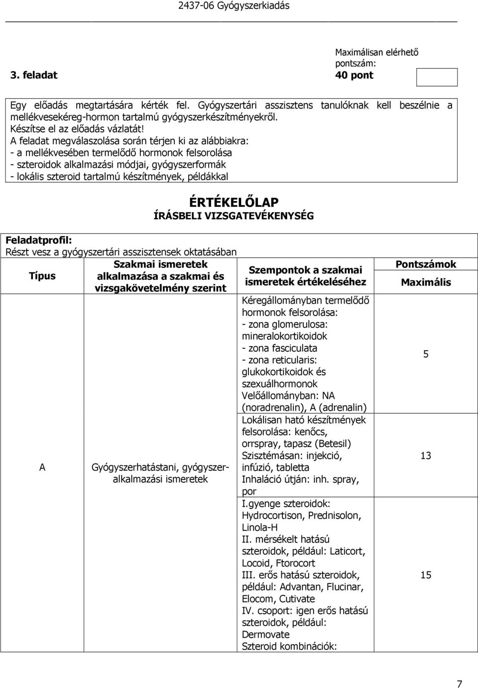 A feladat megválaszolása során térjen ki az alábbiakra: - a mellékvesében termelıdı hormonok felsorolása - szteroidok alkalmazási módjai, gyógyszerformák - lokális szteroid tartalmú készítmények,