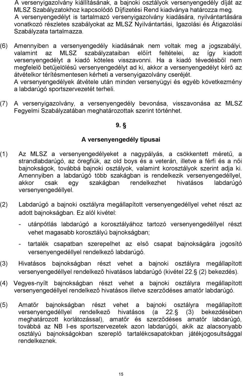 (6) Amennyiben a versenyengedély kiadásának nem voltak meg a jogszabályi, valamint az MLSZ szabályzataiban előírt feltételei, az így kiadott versenyengedélyt a kiadó köteles visszavonni.