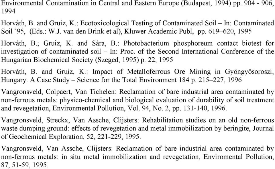 of the Second International Conference of the Hungarian Biochemical Society (Szeged, 1995) p. 22, 1995 Horváth, B. and Gruiz, K.: Impact of Metalloferrous Ore Mining in Gyöngyösoroszi, Hungary.