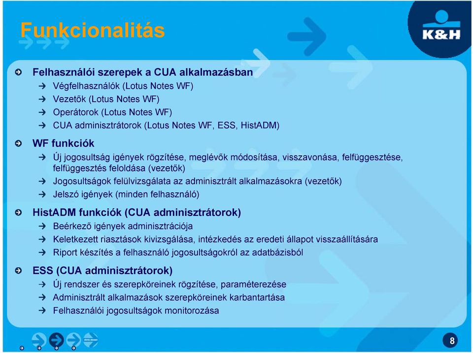 Jelszó igények (minden felhasználó) HistADM funkciók (CUA adminisztrátorok) Beérkező igények adminisztrációja Keletkezett riasztások kivizsgálása, intézkedés az eredeti állapot visszaállítására