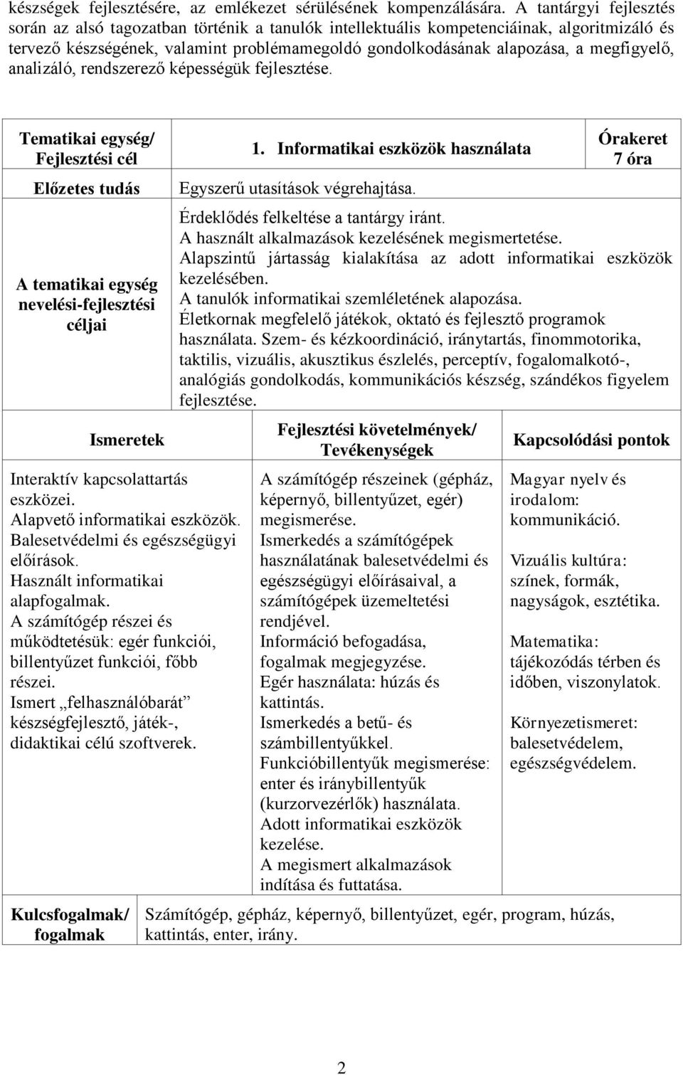 megfigyelő, analizáló, rendszerező képességük fejlesztése. Ismeretek Interaktív kapcsolattartás eszközei. Alapvető informatikai eszközök. Balesetvédelmi és egészségügyi előírások.