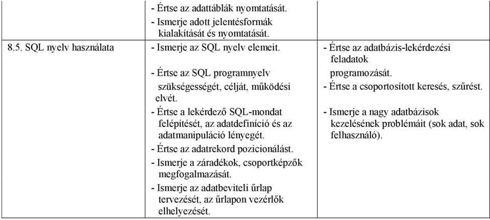 - Értse a csoportosított keresés, szűrést. - Értse a lekérdező SQL-mondat felépítését, az adatdefiníció és az adatmanipuláció lényegét.