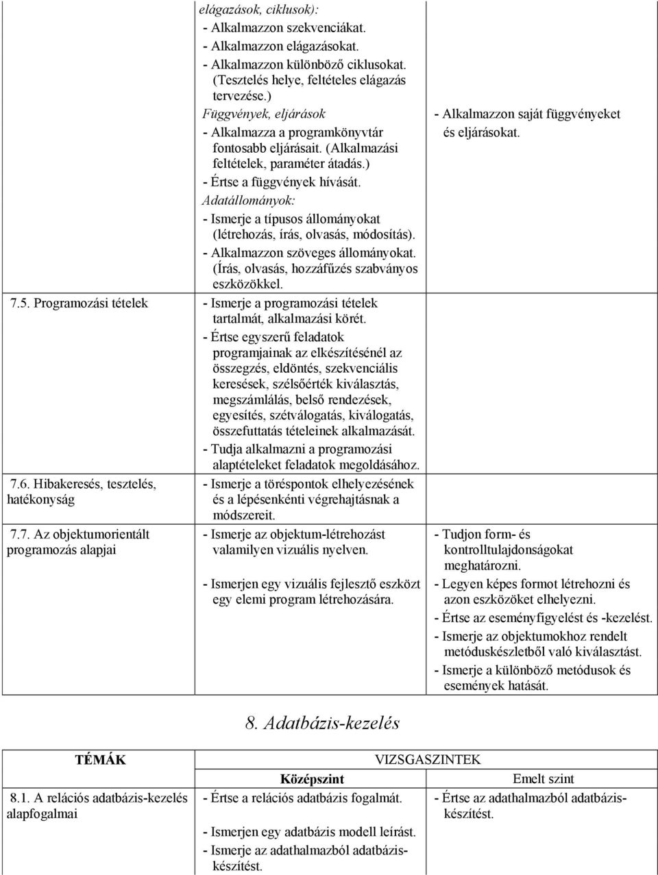 Adatállományok: - Ismerje a típusos állományokat (létrehozás, írás, olvasás, módosítás). - Alkalmazzon szöveges állományokat. (Írás, olvasás, hozzáfűzés szabványos eszközökkel. 7.5.