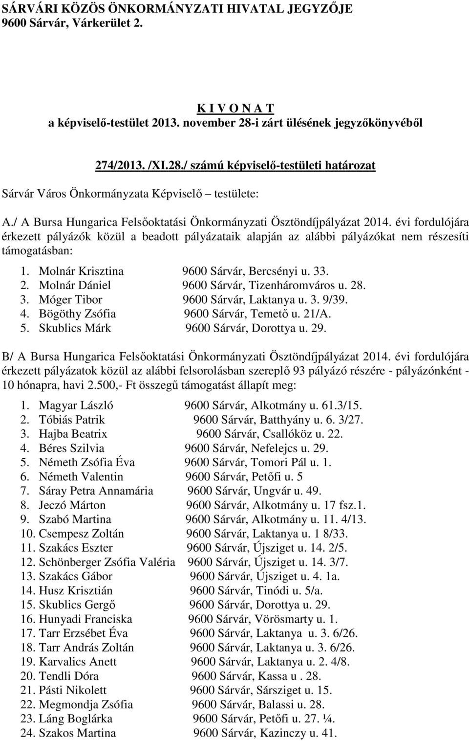 Molnár Krisztina 9600 Sárvár, Bercsényi u. 33. 2. Molnár Dániel 9600 Sárvár, Tizenháromváros u. 28. 3. Móger Tibor 9600 Sárvár, Laktanya u. 3. 9/39. 4. Bögöthy Zsófia 9600 Sárvár, Temető u. 21/A. 5.