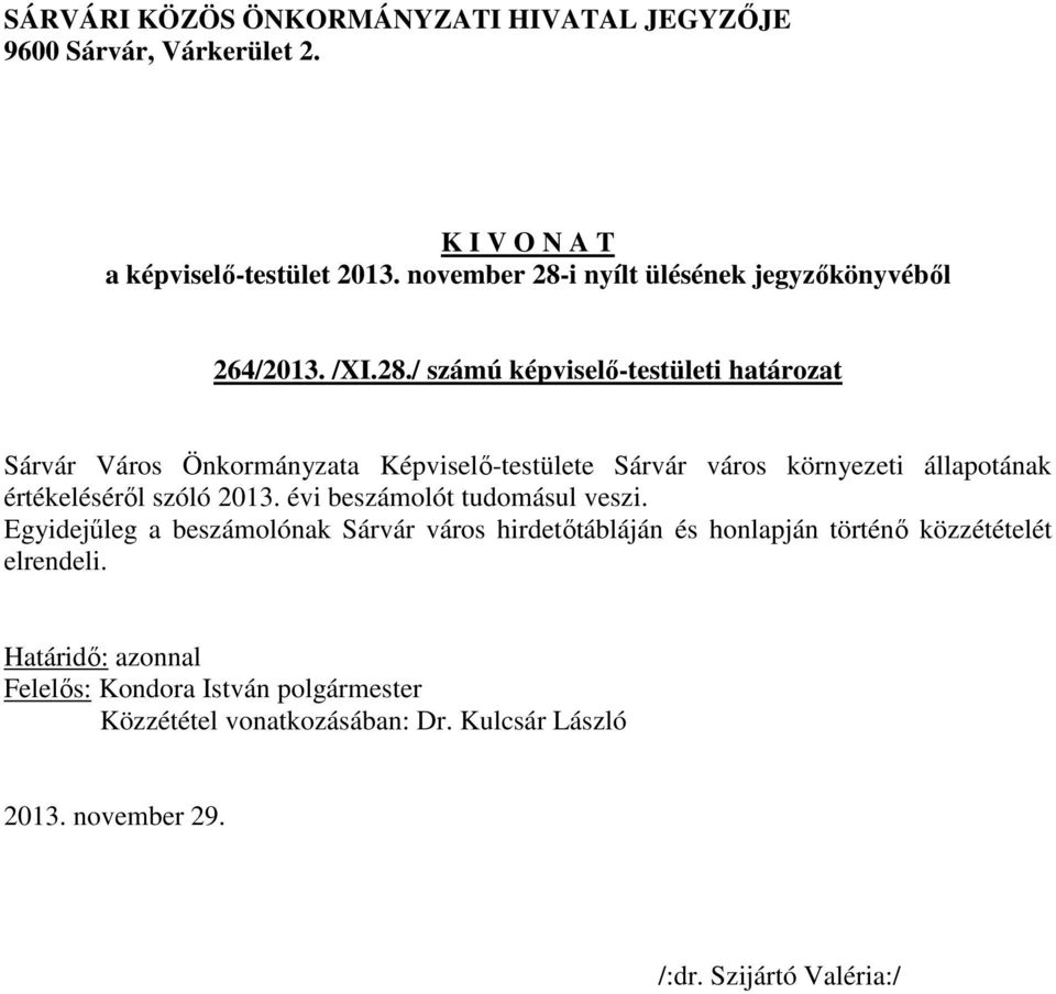 Sárvár város környezeti állapotának értékeléséről szóló 2013.