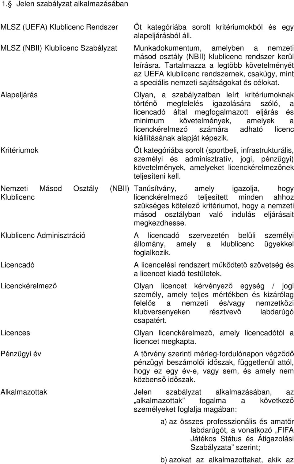 Tartalmazza a legtöbb követelményét az UEFA klublicenc rendszernek, csakúgy, mint a speciális nemzeti sajátságokat és célokat.