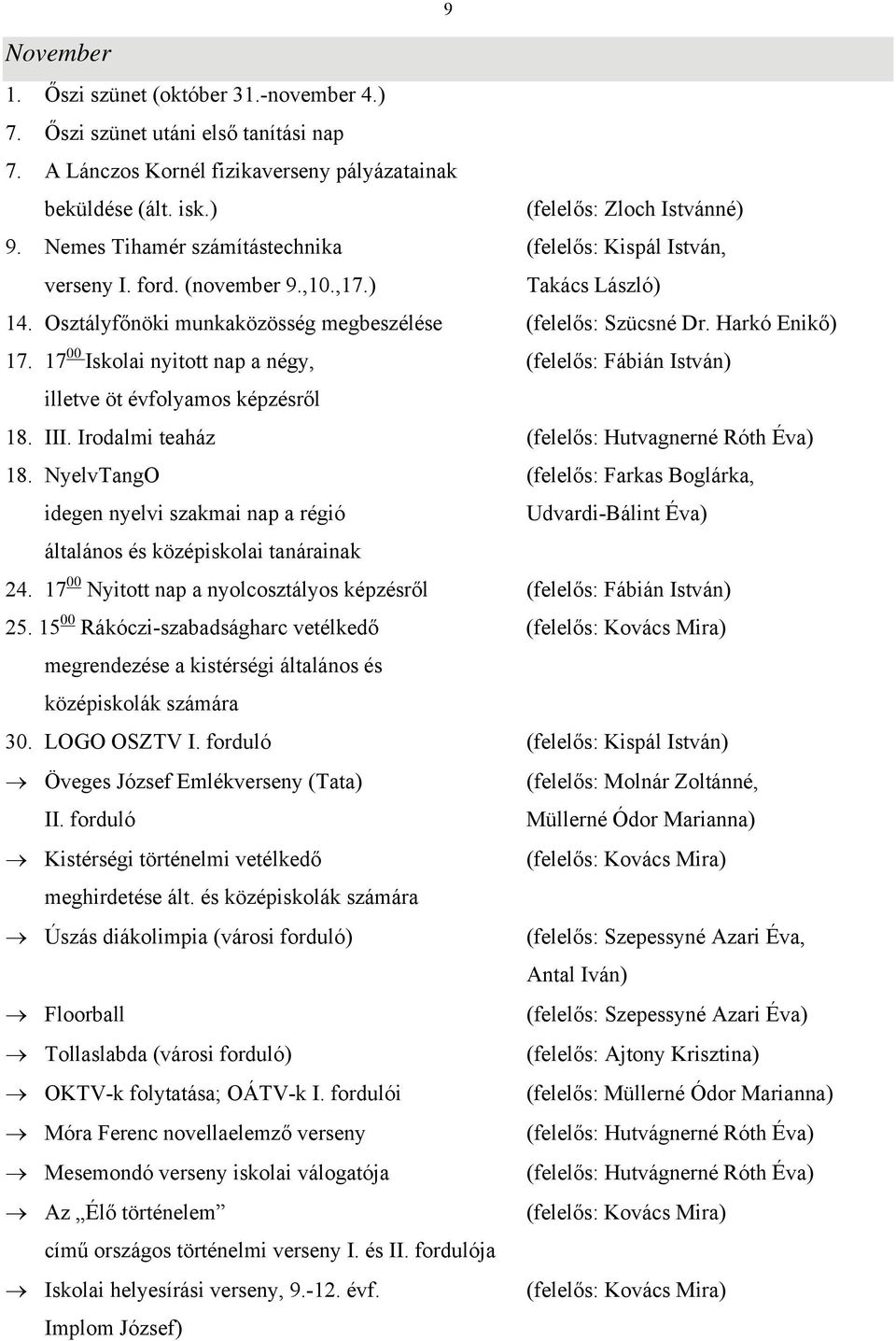 17 00 Iskolai nyitott nap a négy, (felelős: Fábián István) illetve öt évfolyamos képzésről 18. III. Irodalmi teaház (felelős: Hutvagnerné Róth Éva) 18.