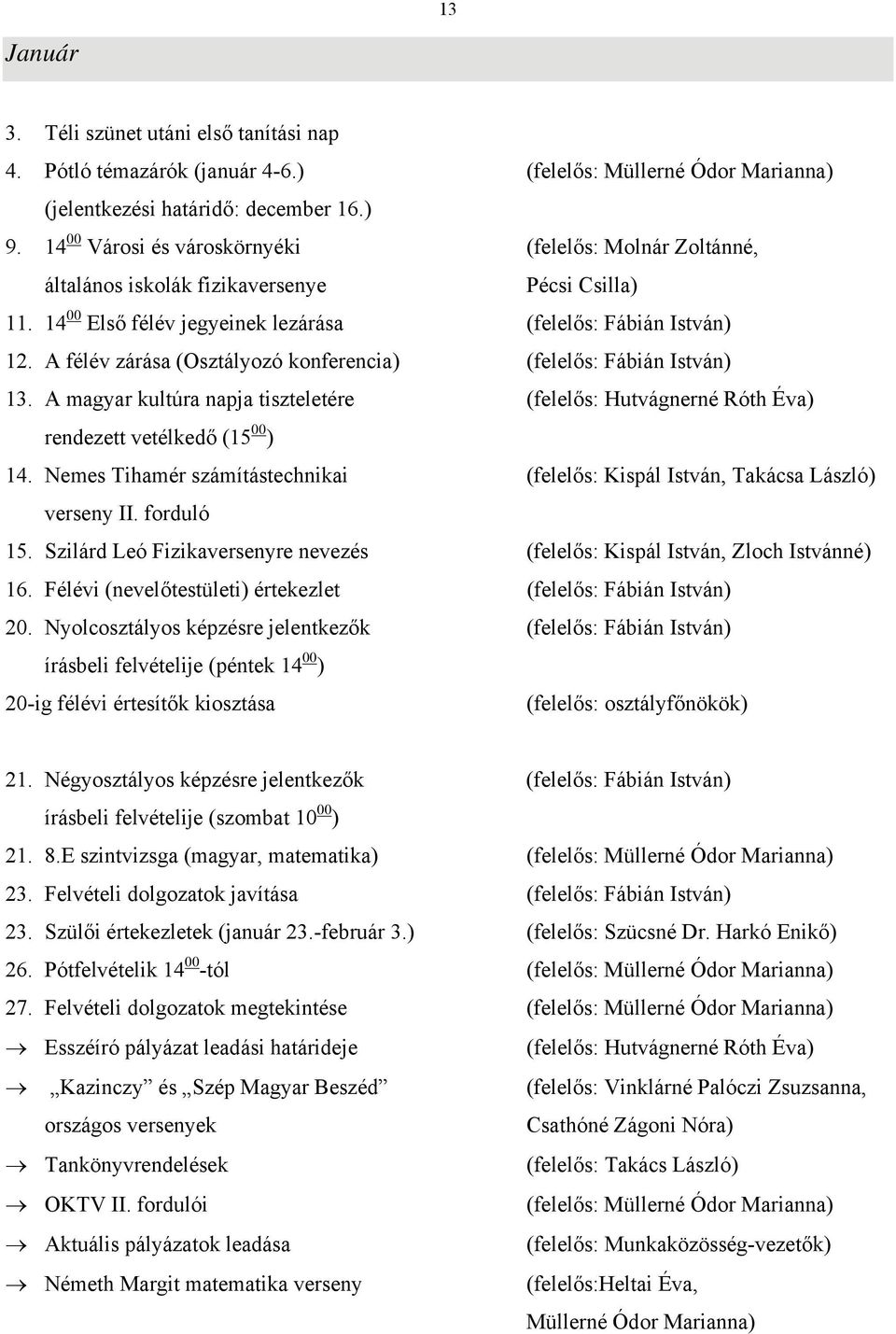 A félév zárása (Osztályozó konferencia) (felelős: Fábián István) 13. A magyar kultúra napja tiszteletére rendezett vetélkedő (15 00 ) 14.