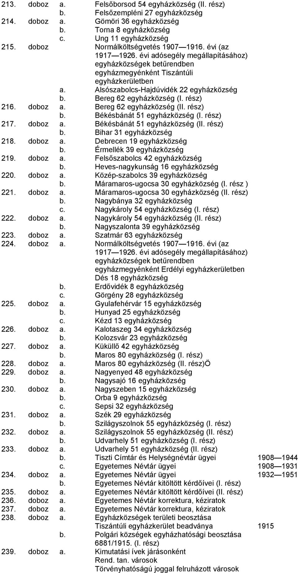 Alsószabolcs-Hajdúvidék 22 egyházközség b. Bereg 62 egyházközség (I. rész) 216. doboz a. Bereg 62 egyházközség (II. rész) b. Békésbánát 51 egyházközség (I. rész) 217. doboz a. Békésbánát 51 egyházközség (II.