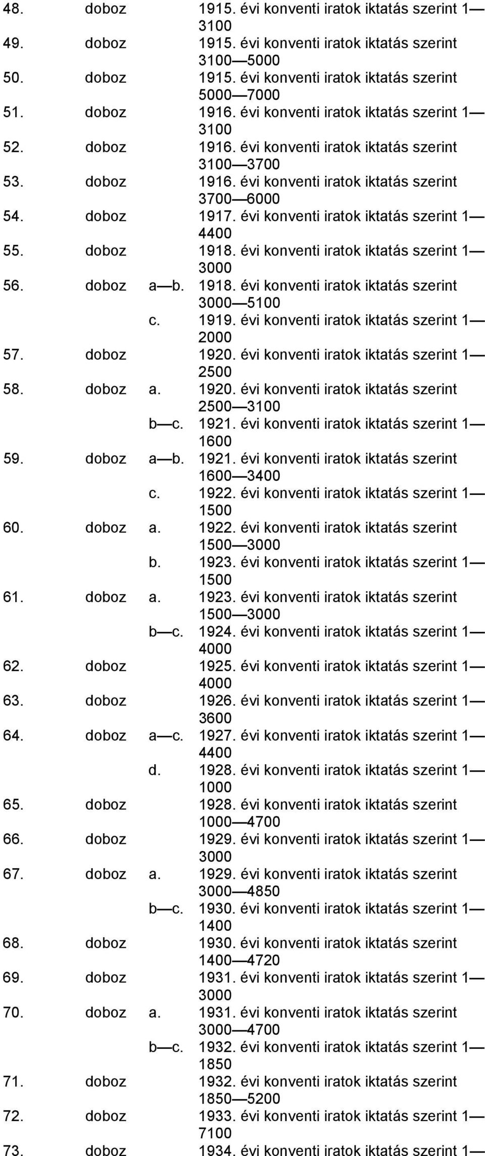 évi konventi iratok iktatás szerint 1 4400 55. doboz 1918. évi konventi iratok iktatás szerint 1 3000 56. doboz a b. 1918. évi konventi iratok iktatás szerint 3000 5100 c. 1919.