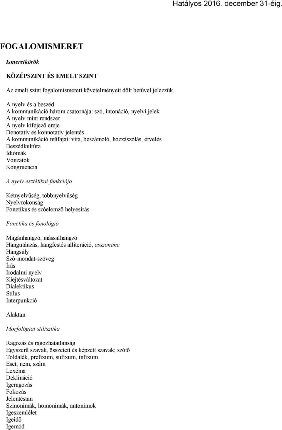 beszámoló, hozzászólás, érvelés Beszédkultúra Idiómák Vonzatok Kongruencia A nyelv esztétikai funkciója Kétnyelvűség, többnyelvűség Nyelvrokonság Fonetikus és szóelemző helyesírás Fonetika és