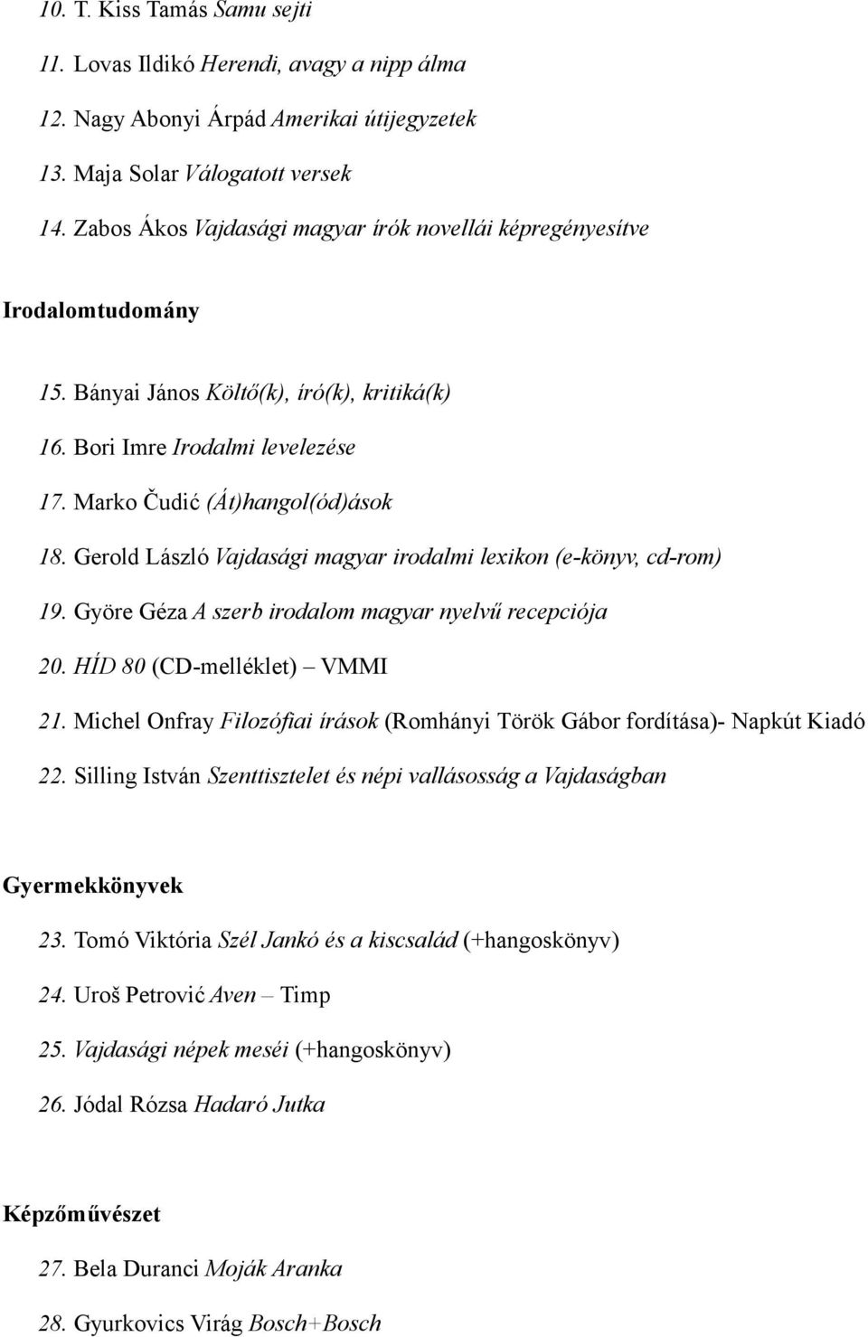 Gerold László Vajdasági magyar irodalmi lexikon (e-könyv, cd-rom) 19. Györe Géza A szerb irodalom magyar nyelvű recepciója 20. HÍD 80 (CD-melléklet) VMMI 21.