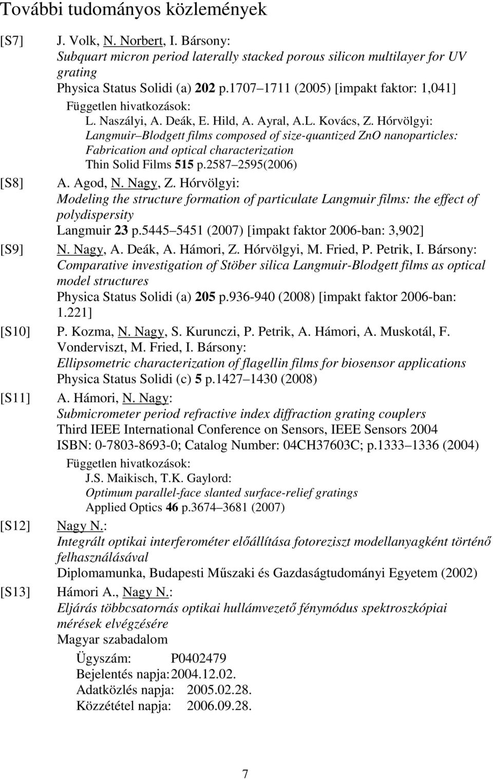 Hórvölgyi: Langmuir Blodgett films composed of size-quantized ZnO nanoparticles: Fabrication and optical characterization Thin Solid Films 515 p.2587 2595(2006) [S8] A. Agod, N. Nagy, Z.