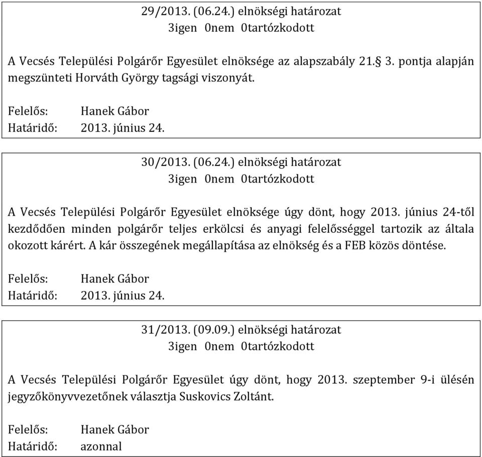 30/2013. (06.24.) elnökségi határozat A Vecsés Települési Polgárőr Egyesület elnöksége úgy dönt, hogy 2013.