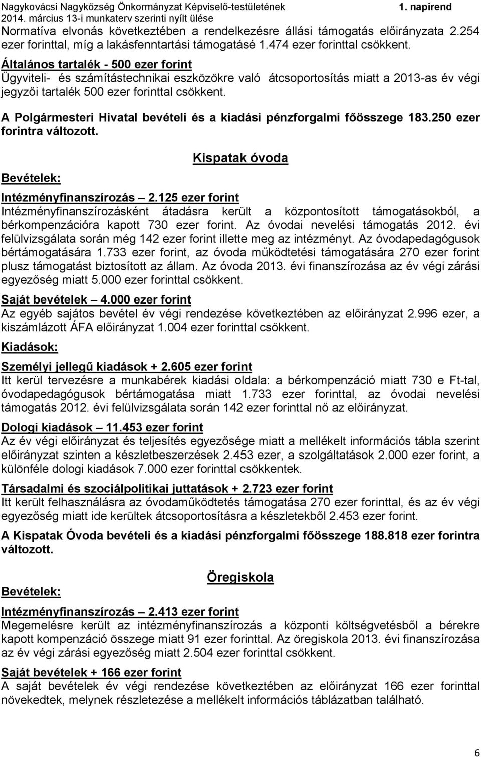 A Polgármesteri Hivatal bevételi és a kiadási pénzforgalmi főösszege 183.250 ezer forintra változott. Kispatak óvoda Intézményfinanszírozás 2.