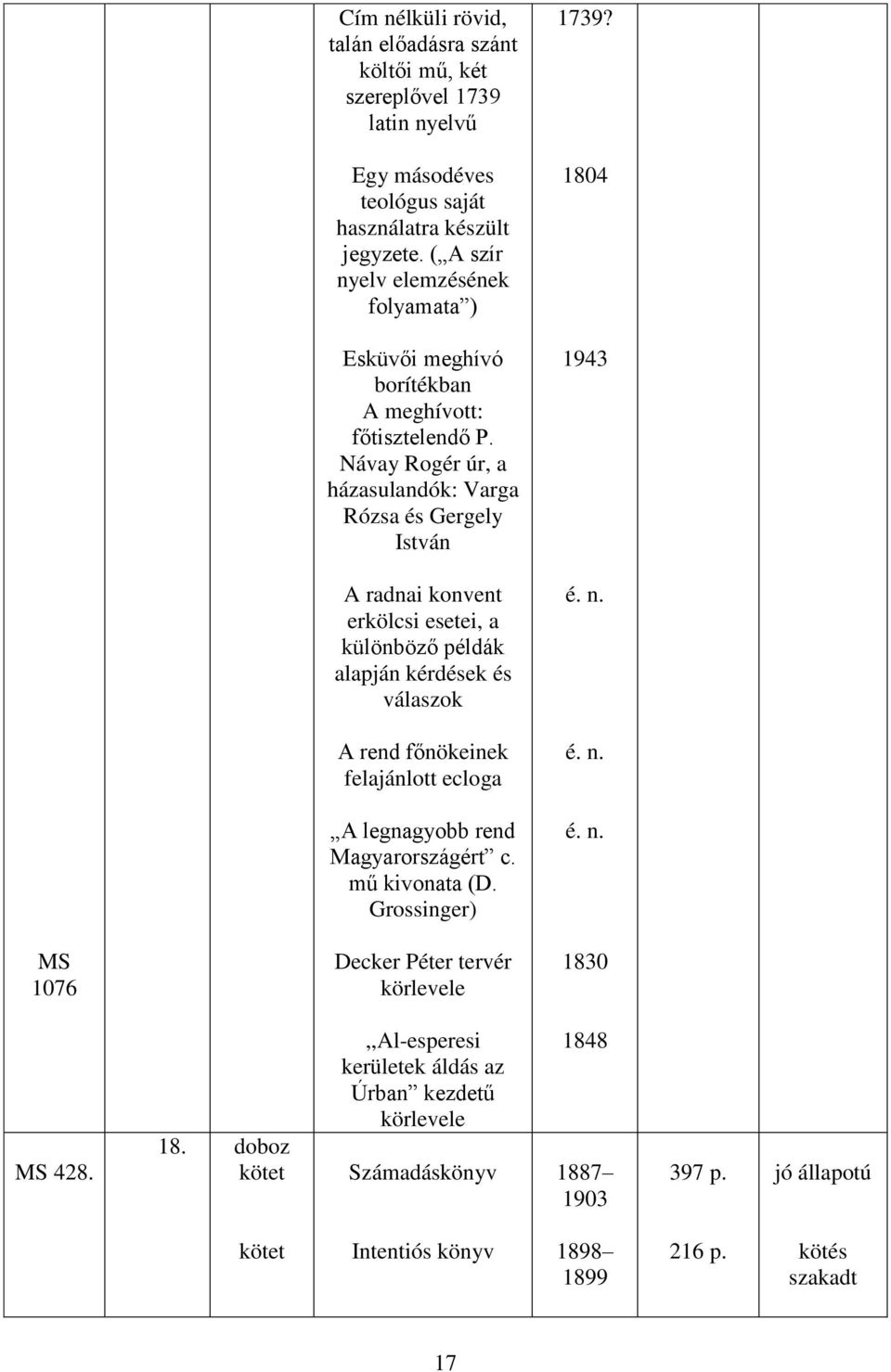 Návay Rogér úr, a házasulandók: Varga Rózsa és Gergely István 1943 A radnai konvent erkölcsi esetei, a különböző példák alapján kérdések és válaszok A rend főnökeinek felajánlott