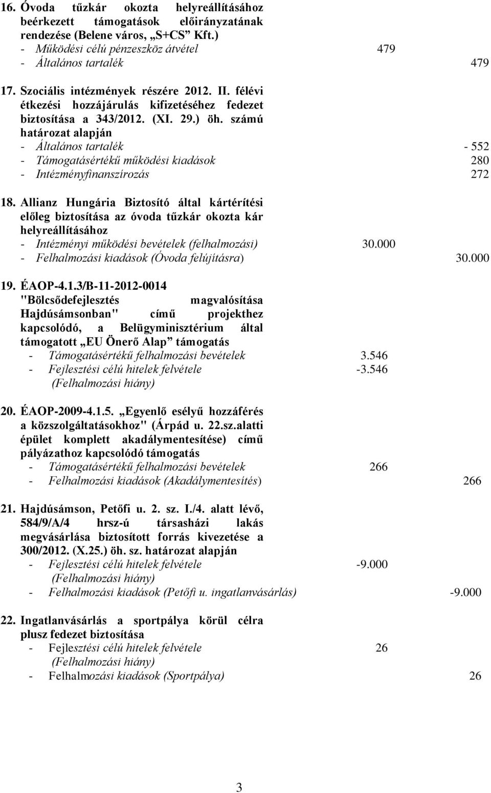 számú határozat alapján - Általános tartalék - 552 - Támogatásértékű működési kiadások 280 - Intézményfinanszírozás 272 18.