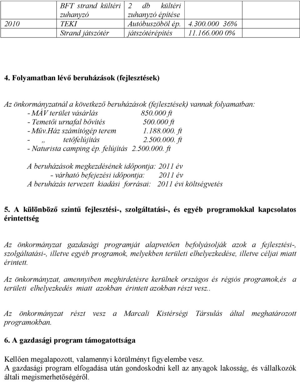 Ház számítógép terem 1.188.000. ft - tetőfelújítás 2.500.000. ft - Naturista camping ép. felújítás 2.500.000. ft A beruházások megkezdésének időpontja: 2011 év - várható befejezési időpontja: 2011 év A beruházás tervezett kiadási forrásai: 2011 évi költségvetés 5.