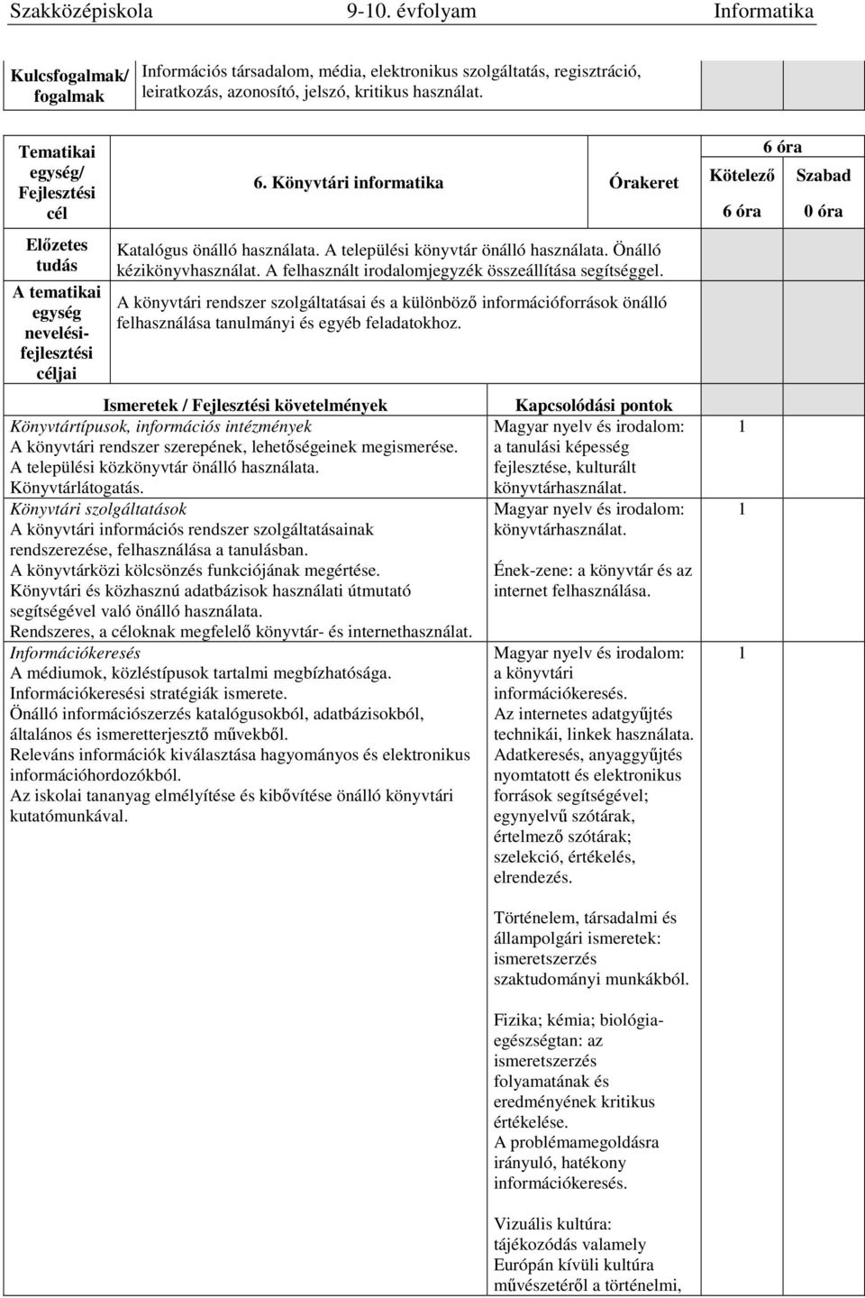 A könyvtári rendszer szolgáltatásai és a különböző információforrások önálló felhasználása tanulmányi és egyéb feladatokhoz.